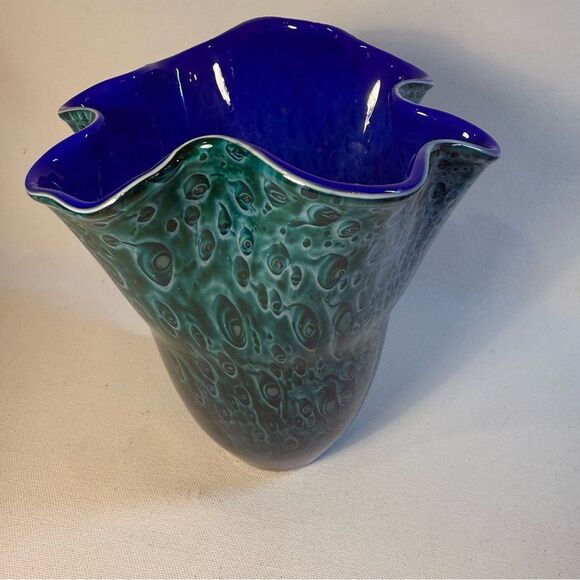 Handmade Other - Scalloped peacock dichroic vintage art glass blue green encased vase peacock 8"